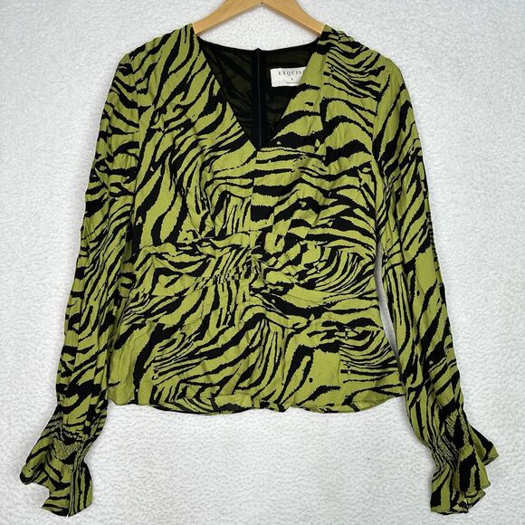Anthropologie Exquise Wrap Blouse XL Green Black Tiger Print‎ NWT $190 - Picture 2 of 16